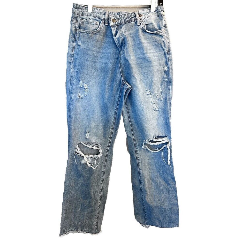 Flying Monkey Button Fly Distressed‎ Straight Women's size 27 Blue Denim Jeans
